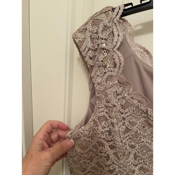R&M Richards Petite 14P‎ Lace Sequin Dress - Taupe Sleeveless Made In USA - Picture 3 of 16